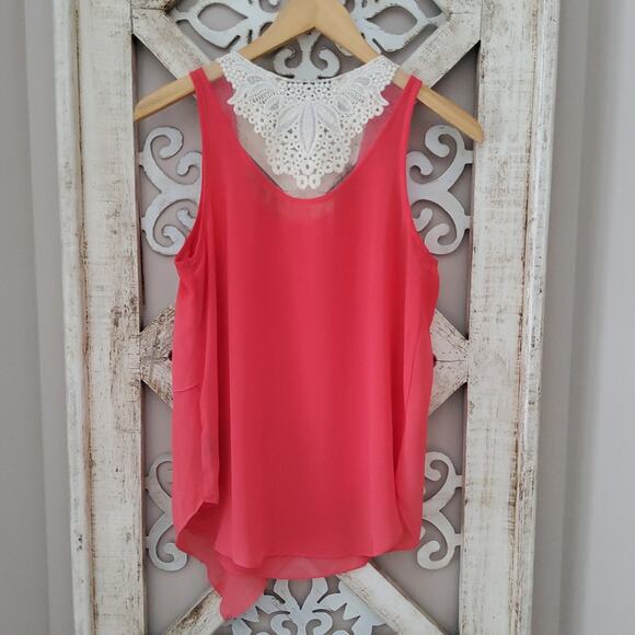 BCX Women's Junior Layered Asymmetric Mesh Crochet Lace Tank Top in Coral - Picture 7 of 7